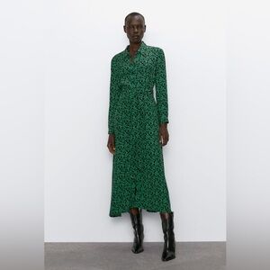 Zara Green Leaf Print Long Sleeve Dress